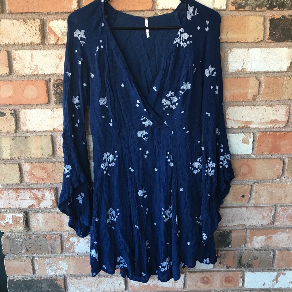 Free People Navy Bell Sleeve Embroidered Dress - Picture 4 of 10